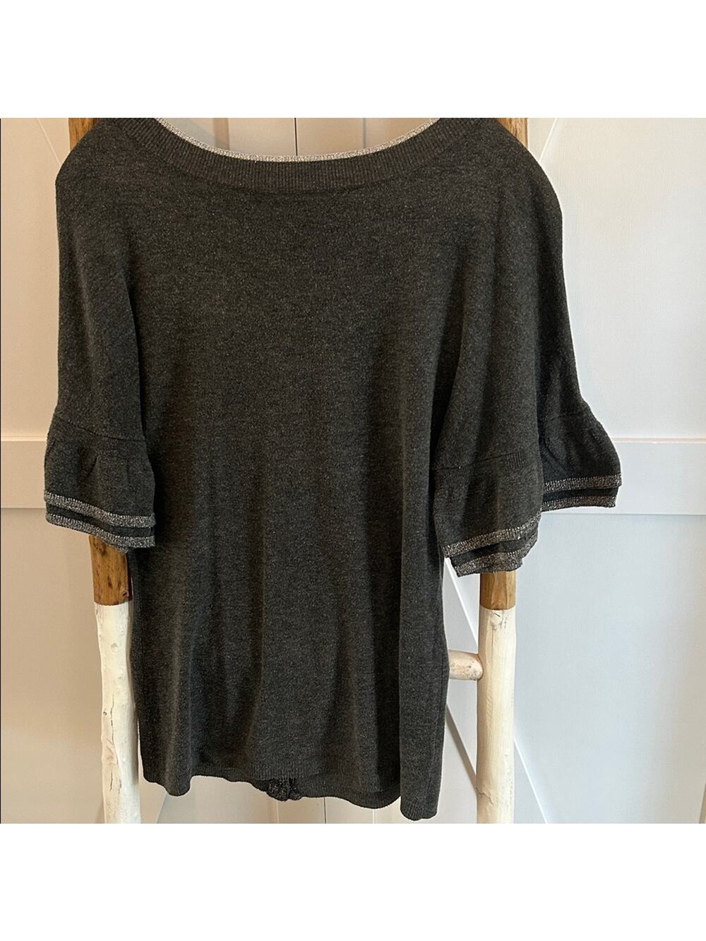 S. Line Gray and Silver Knit Top. Gorgeous tortoise buttons down the back M